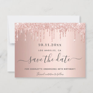 Birthday party rose gold drips save the date card