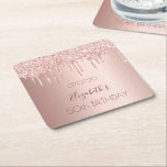 Birthday party rose gold drips square paper coaster<br><div class="desc">A coaster for a girly and glamourous 50th (or any age) birthday party with the girls.  A faux rose gold background with drips,  paint drip look. The text: The name is written in dark rose gold with a modern hand lettered style script. Tempate for a date and age 50.</div>