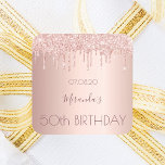 Birthday party rose gold glitter 50 years women square sticker<br><div class="desc">A sticker for a girly and glamourous 50th (or any date) birthday party. A faux rose gold metallic looking background with an elegant faux rose gold glitter drips, paint drip look. The text: The name is written in dark rose gold with a large modern hand lettered style script. Template for...</div>