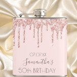 Birthday party rose gold glitter drip pink friends hip flask<br><div class="desc">A gift for a girly and glamourous 50th (or any age) birthday party. A light rose gold, pink background with elegant faux rose gold glitter drips, paint drip look. The text: The name is written in dark rose gold with a large modern hand lettered style script. Personalize and add a...</div>