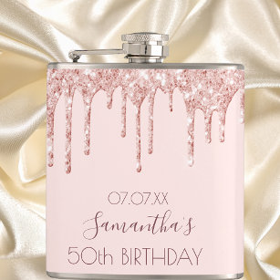 Birthday party rose gold glitter drip pink friends hip flask