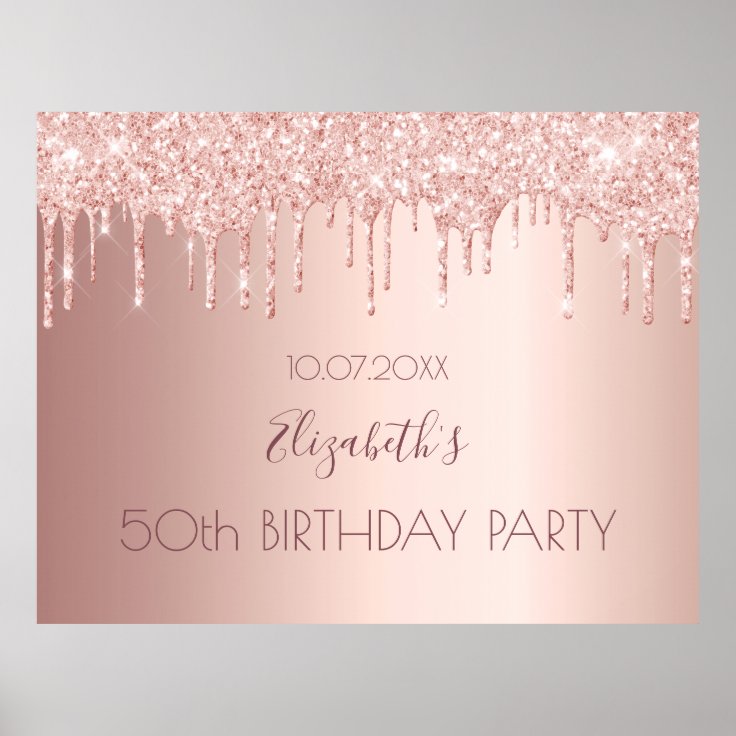 Birthday Party Rose Gold Glitter Drips Poster | Zazzle