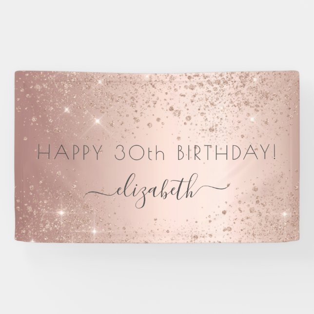 Birthday party rose gold glitter dust name glam banner (Horizontal)