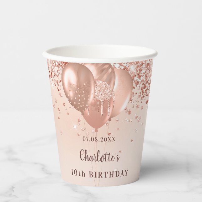 Birthday party rose gold glitter monogram name paper cups (Front)
