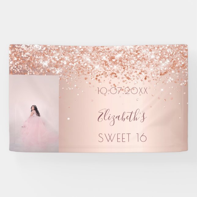 Birthday party rose gold glitter photo welcome banner (Horizontal)