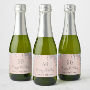 Birthday party rose gold glitter pink silver sparkling wine label