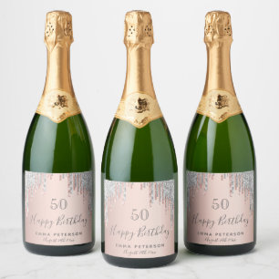 Birthday party rose gold glitter pink silver sparkling wine label
