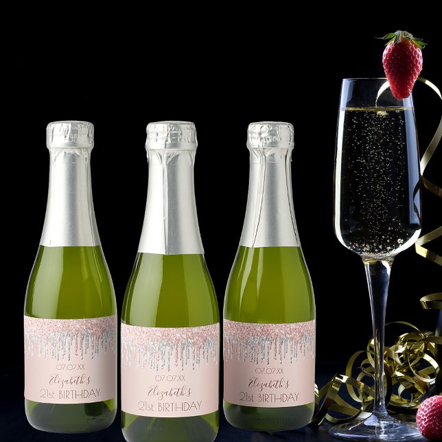 Birthday party rose gold glitter pink sparkle name sparkling wine label (Creator Uploaded)