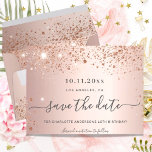 Birthday party rose gold glitter save the date announcement postcard<br><div class="desc">A girly and trendy Save the Date card for a 40th (or any age) birthday party. A feminine pink, rose gold faux metallic looking background decorated with faux rose gold glitter dust. Personalize and add a date and name/age 40. Dark rose gold coloured letters. The text: Save the Date is...</div>