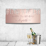 Birthday party rose gold glitter silver sparkle banner<br><div class="desc">A banner for a girly and glamourous 21st (or any age) birthday party. A faux rose gold, pink metallic looking background with an elegant rose gold and faux silver glitter drips, paint dripping look. The text: Personalize and add a name written in dark rose gold with a large modern hand...</div>