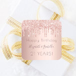 Birthday party rose gold glitter two 2 persons square sticker<br><div class="desc">For a girly and glamourous 21st (or any age) birthday party for 2 two persons. A faux rose gold, pink gradient background with rose gold faux glitter drips, paint dripping look. The text: Happy Birthday. Personalize and add two names and age 21. The names are written in dark rose gold...</div>