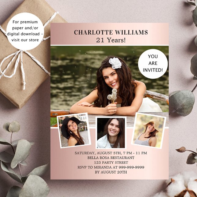 Birthday party rose gold photo budget invitation (Creator Uploaded)