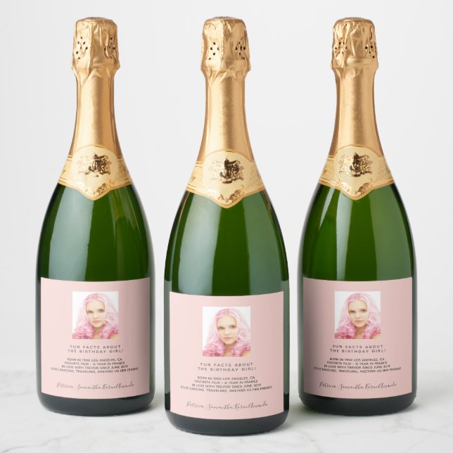 Birthday party rose gold photo fun facts biography sparkling wine label (Bottles)