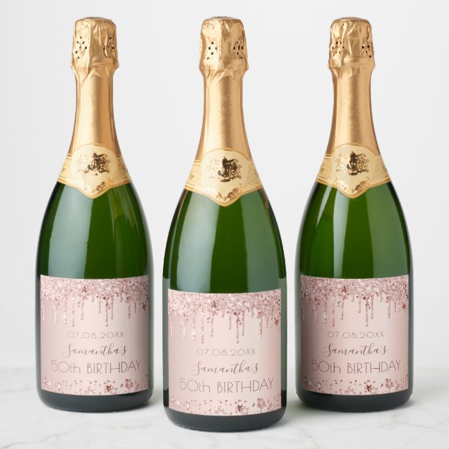 Birthday party rose gold pink drips stars sparkling wine label (Bottles)