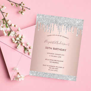 Birthday party rose gold silver glitter invitation postcard