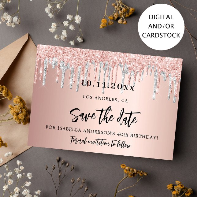 Birthday party rose gold silver save the date card (Creator Uploaded)