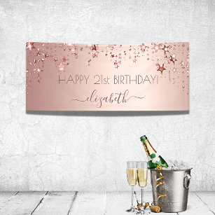 Birthday party rose gold stars pink sparkle banner