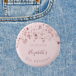 Birthday party rose gold stars saprkle monogram 2 inch round button<br><div class="desc">Girly for a 21st (or any age) birthday party. A feminine light rose gold background decorated with rose gold colored stars dripping. Personalize and add a date, name and age 21. Curved text and dark rose gold colored letters. The name is written with a modern hand lettered style script. Perfect...</div>