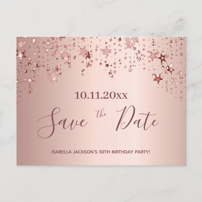 Birthday party rose gold stars save the date postcard (Front)