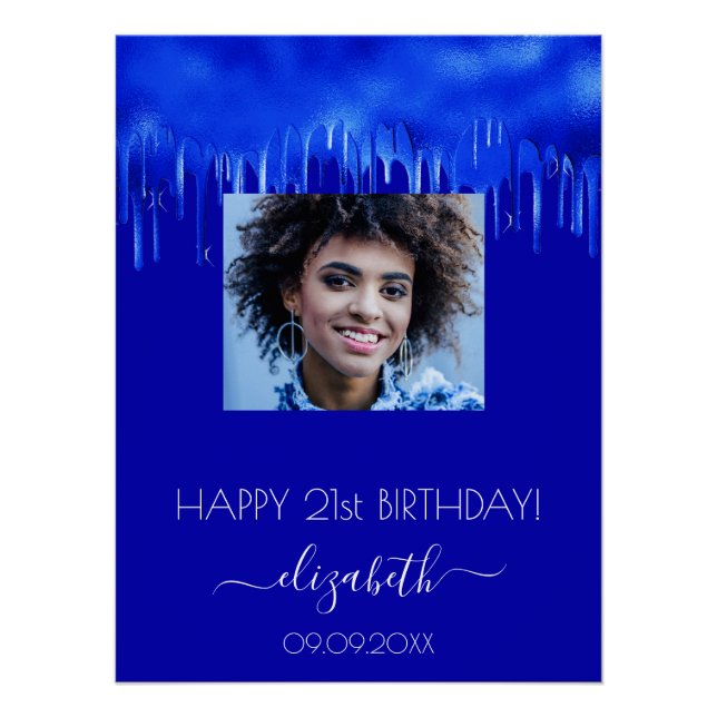 Birthday party royal blue drips photo name poster (Front)