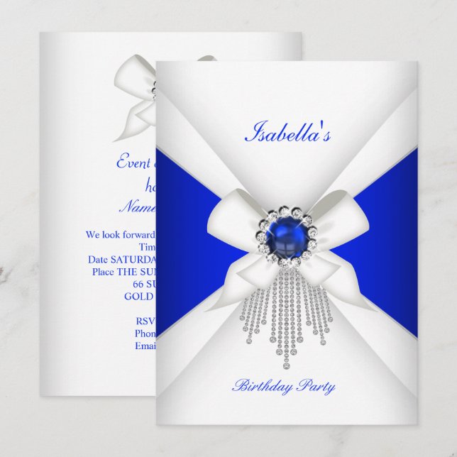 Birthday Party Royal Blue White Diamond Pearl Invitation (Front/Back)