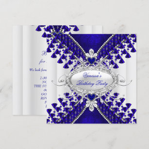 Birthday Party Royal Blue White Heart Diamond Invitation