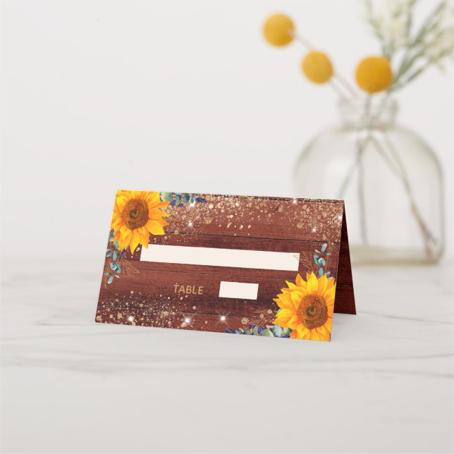 Birthday party rustic sunflower eucalyptus glitter place card (Front)