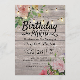 Birthday Party Rustic Wood Flowers & String Lights Invitation