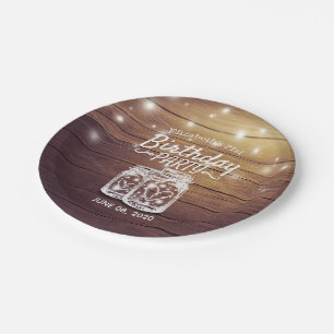 Birthday Party Rustic Wood Mason Jar String Lights Paper Plate