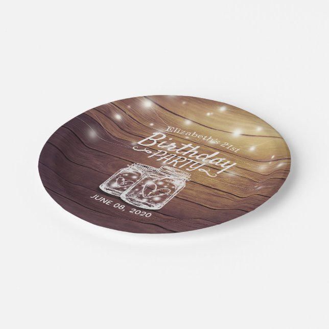 Birthday Party Rustic Wood Mason Jar String Lights Paper Plate (Angled)