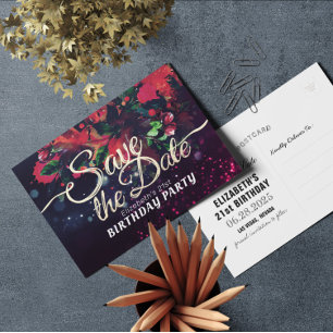 Birthday Party Save The Date Flowers Purple Lights Invitation Postcard