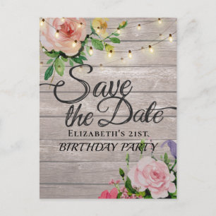 Birthday Party Save The Date Flowers Wood Lights Invitation Postcard