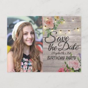 Birthday Party Save The Date Flowers Wood Lights Invitation Postcard