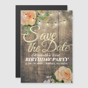 Birthday Party Save The Date Flowers Wood Lights Magnetic Invitation