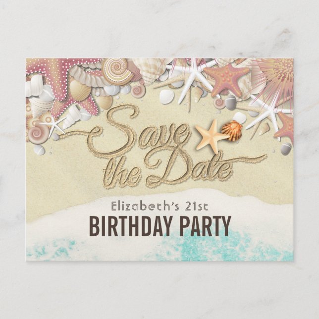 Birthday Party Save The Date Summer Beach Starfish Invitation Postcard (Front)