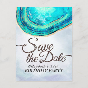 Birthday Party Save The Date Teal Gold Agate Geode Invitation Postcard