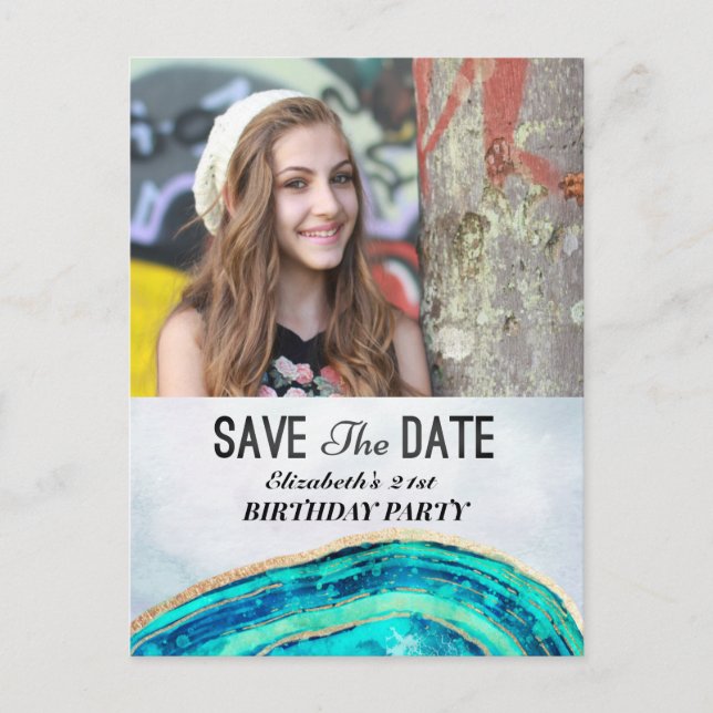 Birthday Party Save The Date Teal Gold Agate Photo Invitation Postcard (Front)
