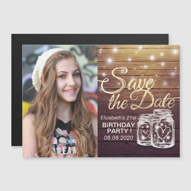 Birthday Party Save The Date Wood Mason Jar Lights Magnetic Invitation (Front/Back)