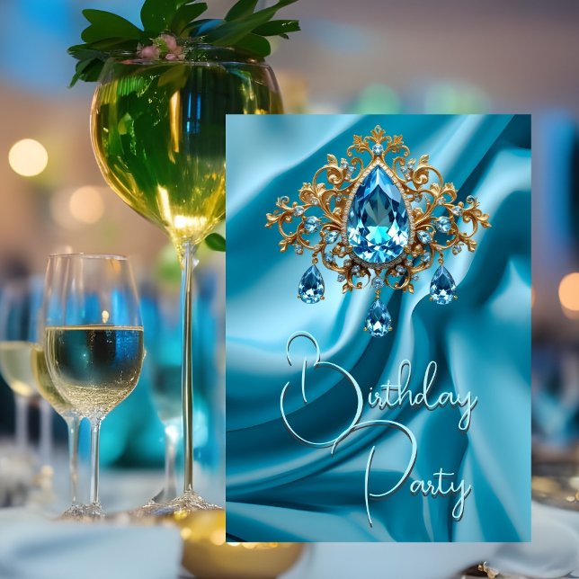 Birthday Party Silk Powder Blue jewel Gold Invitation (Creator Uploaded)