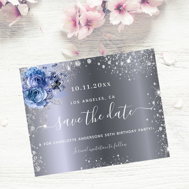 Birthday party silver blue budget save the date flyer (Creator Uploaded)