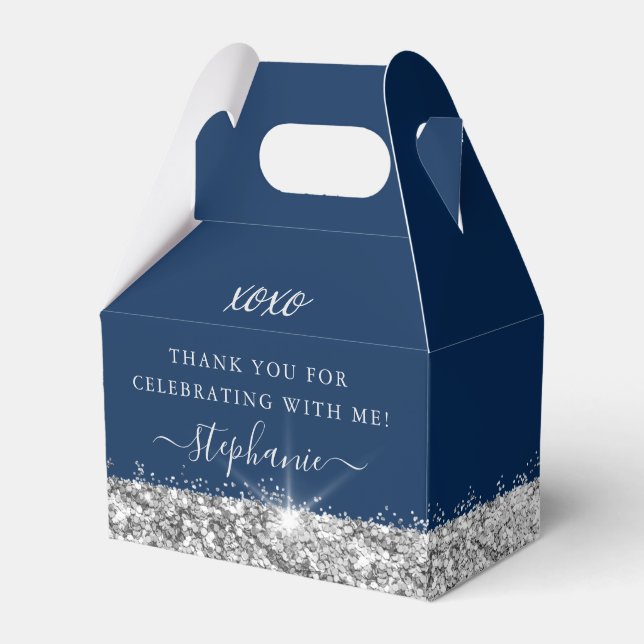 Birthday Party Silver Blue Glitter Confetti  Favor Box (Front Side)
