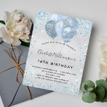 Birthday party silver blue glitter invitation postcard<br><div class="desc">For an elegant 18th (or any age) birthday. A faux silver metallic looking background. Decorated with blue faux glitter dust and balloons. Personalize and add a name, age and party details. The name is written with a hand lettered style script. Tip: If you don't want it to look like a...</div>
