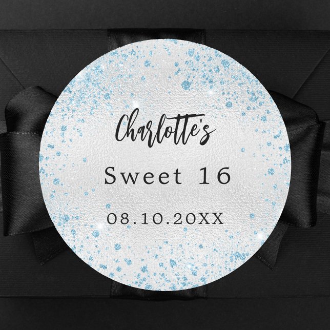 Birthday party silver blue glitter name classic round sticker (Creator Uploaded)