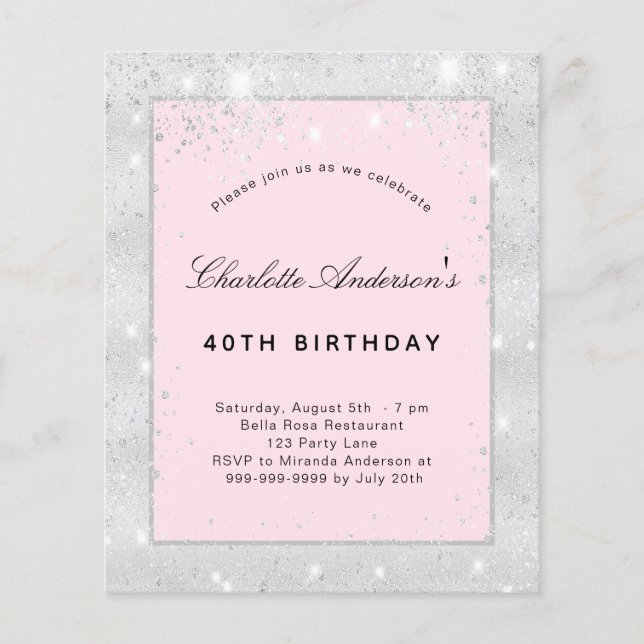 Birthday party silver blush pink glitter budget flyer (Front)