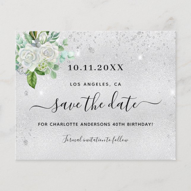 Birthday party silver floral save the date card (Front)