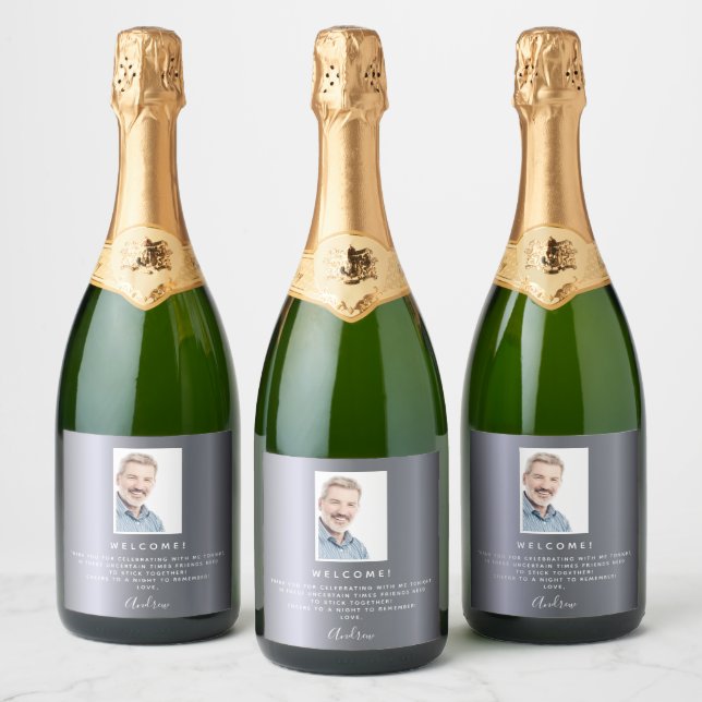 Birthday party silver fox photo welcome guy sparkling wine label (Bottles)