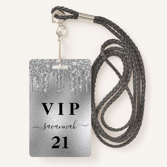 Birthday party silver glitter drips luxury vip badge (Front with Lanyard)