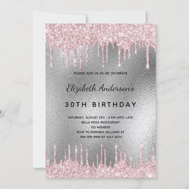 Birthday party silver glitter drips pink  invitation (Front)