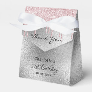Birthday Party silver glitter drips pink thank you Favor Box