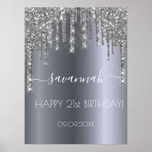 Birthday party silver glitter drips sparkle name poster